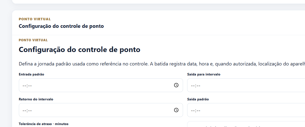 Tela de configuração de jornada e controle de ponto