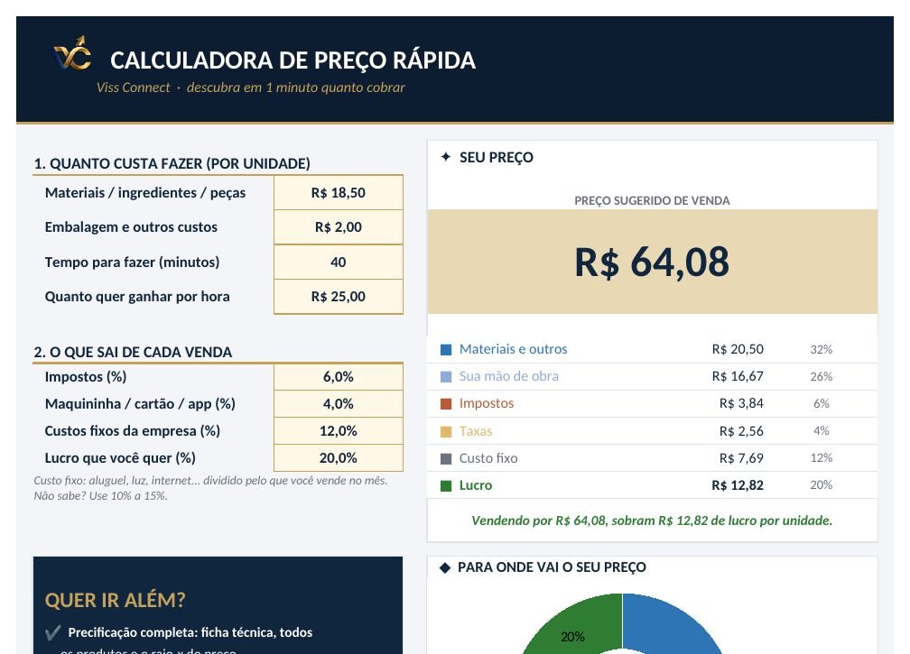 Calculadora de Preço Rápida, tela com dados de exemplo