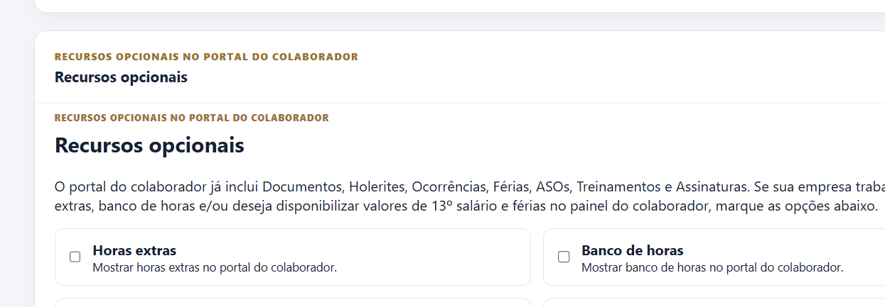 Tela de configuração de recursos opcionais do portal do colaborador