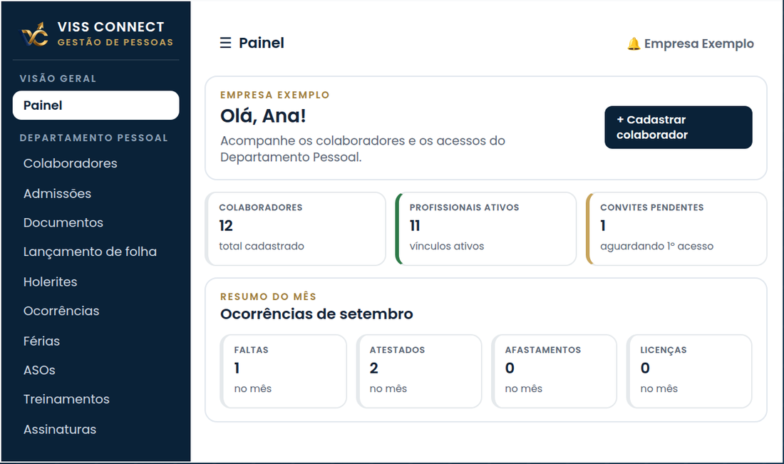 Tela do sistema Gestão de Pessoas com dados de exemplo