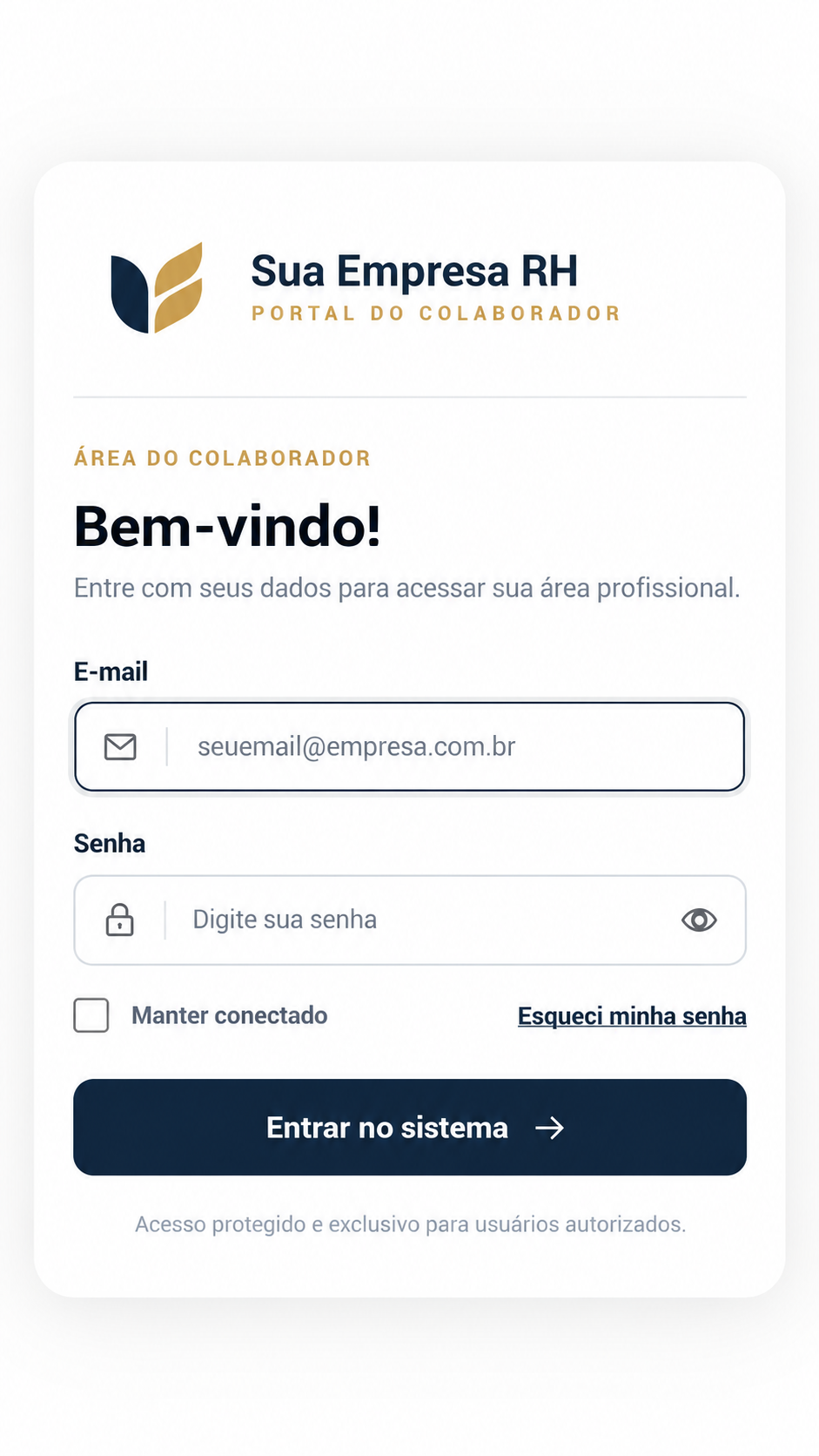 Exemplo do aplicativo do colaborador personalizado como Sua Empresa RH